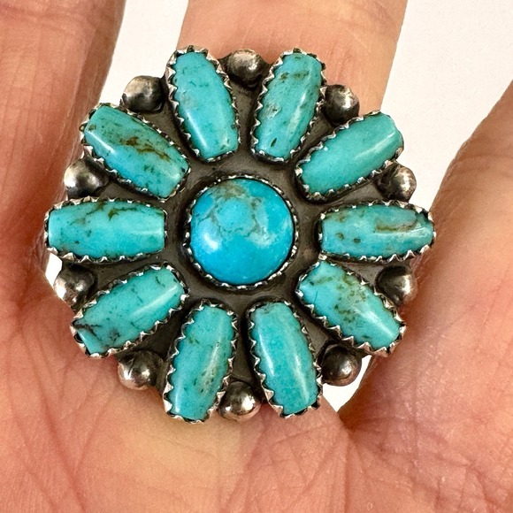 Native American Navajo Indian Turquoise Jewelry Jewelry - Navajo Turquoise Cluster Ring Sz 7 Sterling Signed ML Perry Native American